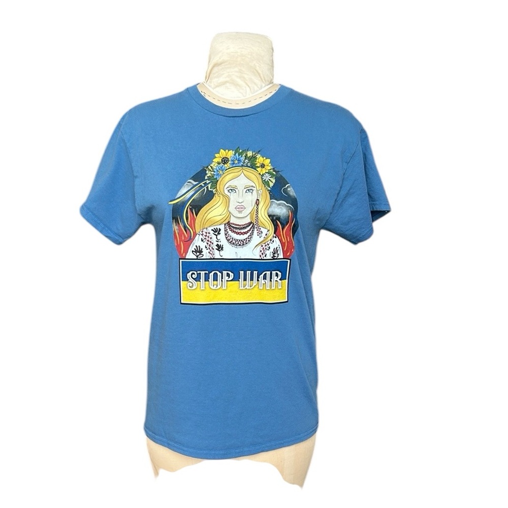 “Stop War” Graphic T-shirt Woman Crying w/Flower Hairpiece-Fire/Flames Blue M/L